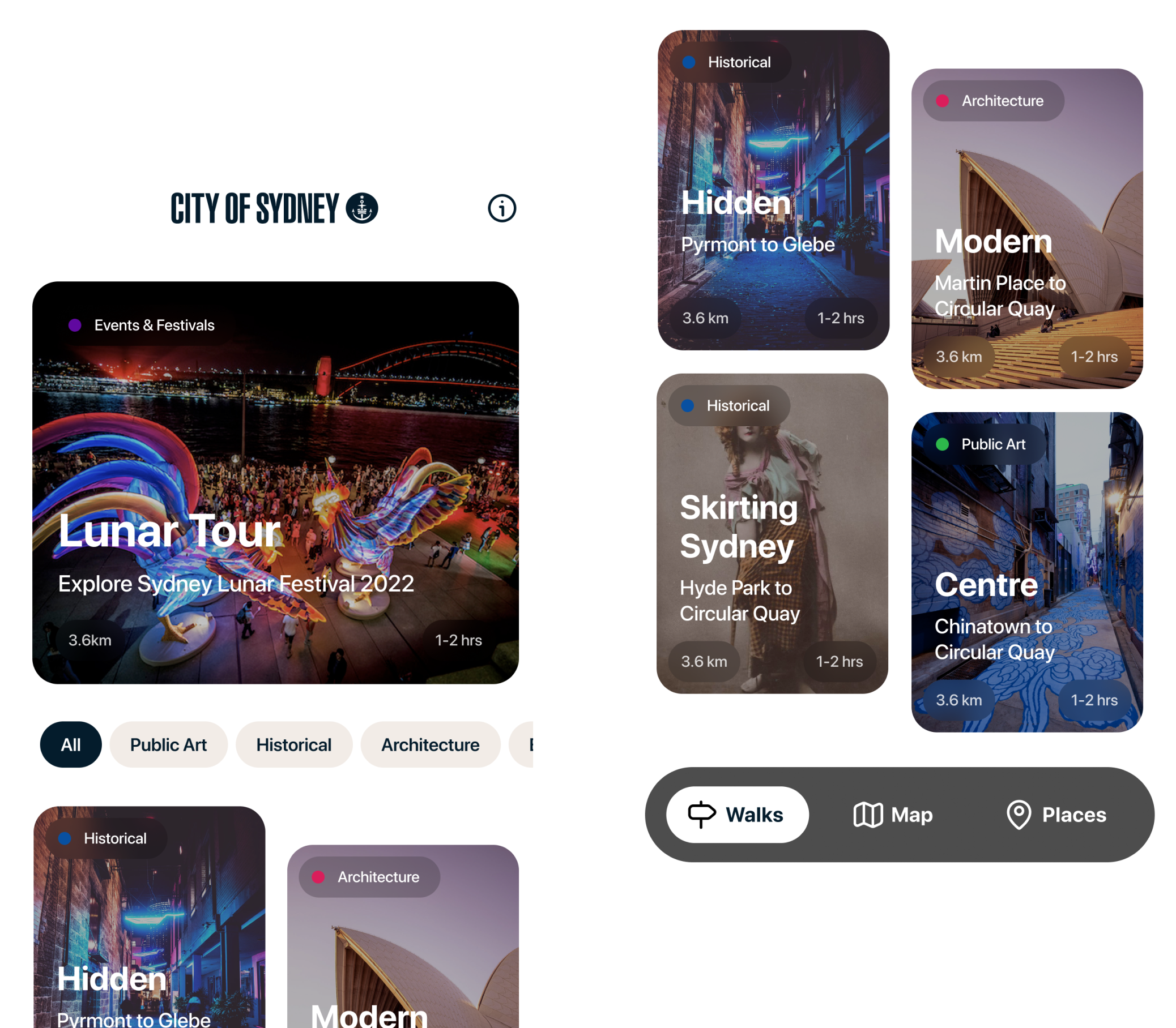 Screenshots of the Sydney Culture Walks app showing the tour tiles