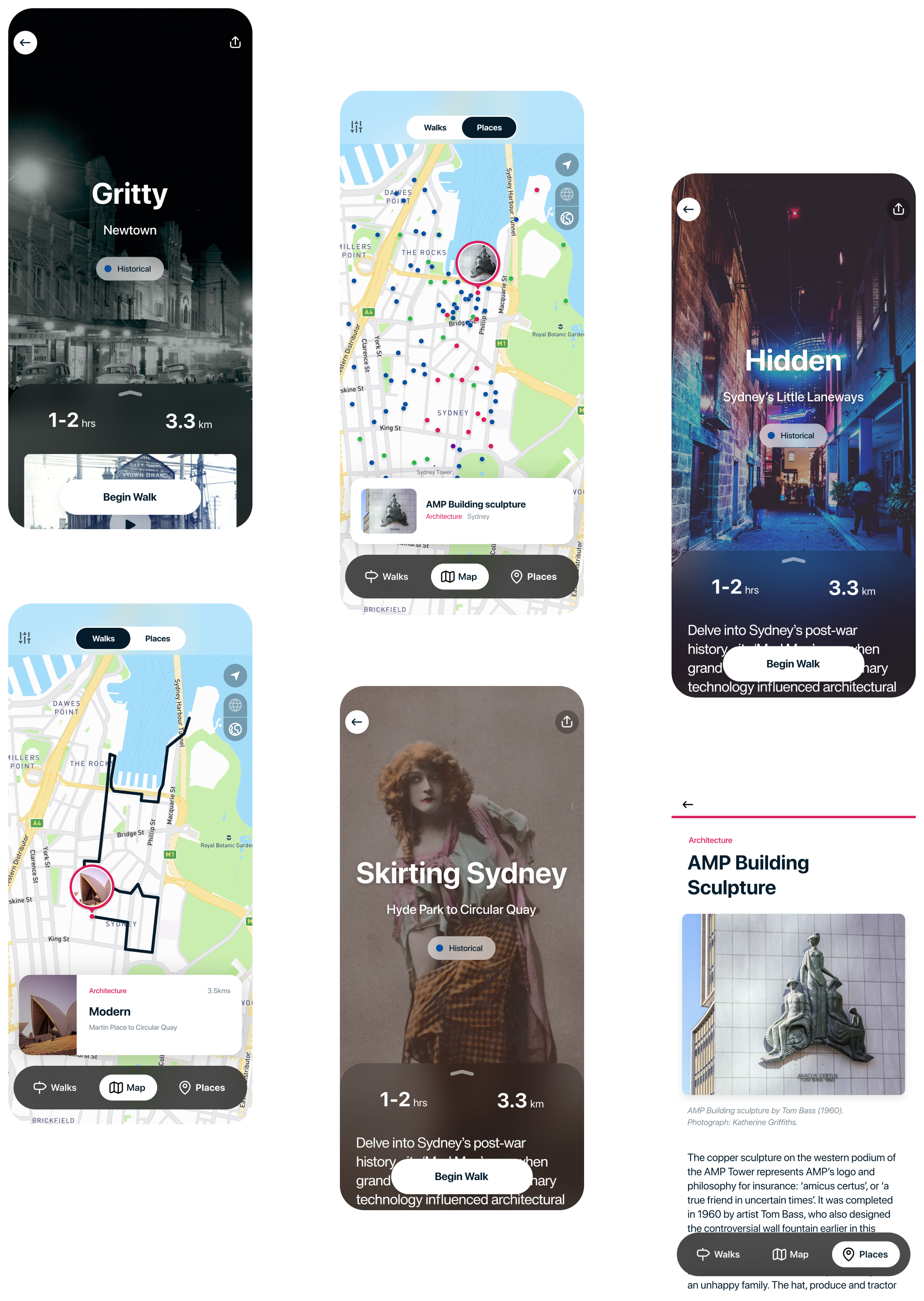 Screenshots of the Sydney Culture Walks app