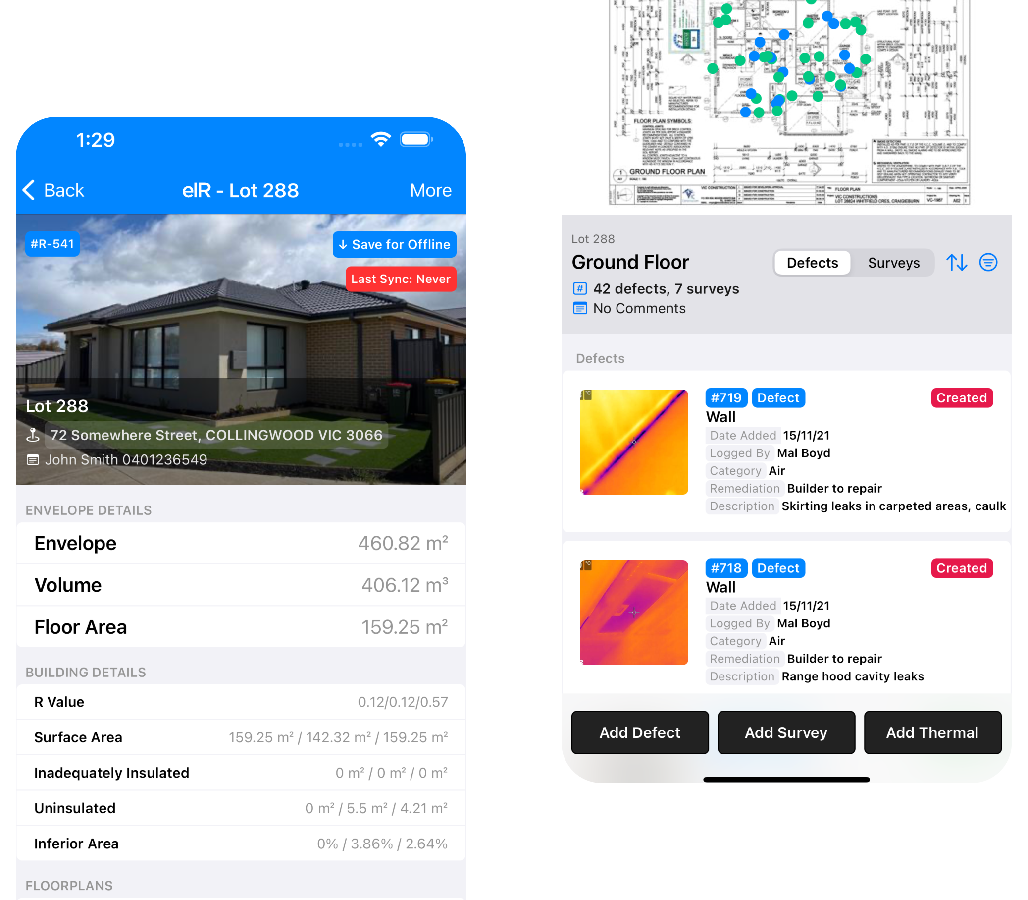 Screenshots of the Envelope Integrity Reporter (EIR) app showing thermal defects.