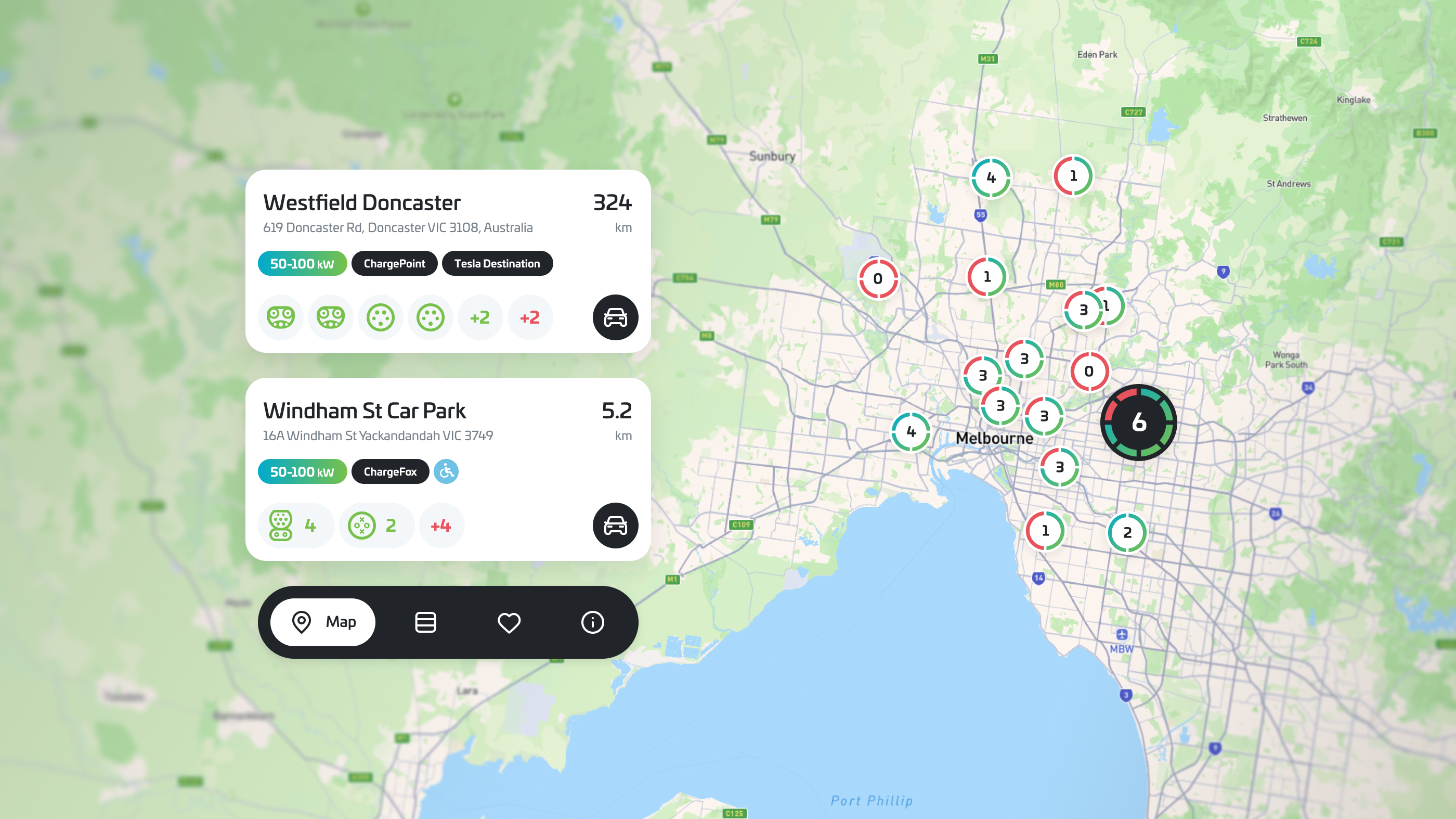 Screenshot of the Charge@Large web interface showing a map with charging stations.