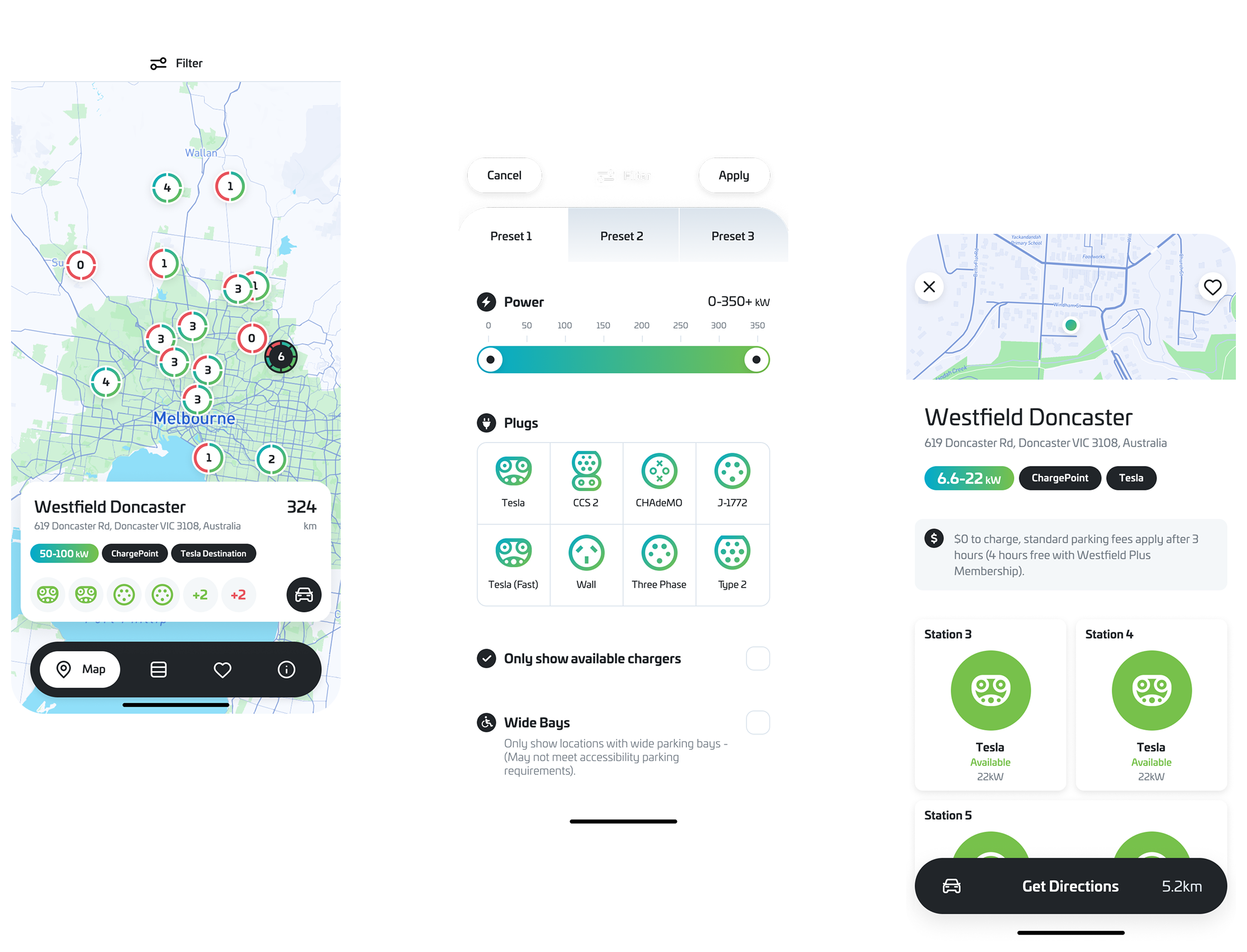 Screenshots of the Charge@Large app showing screens for finding and viewing EV charging stations.
