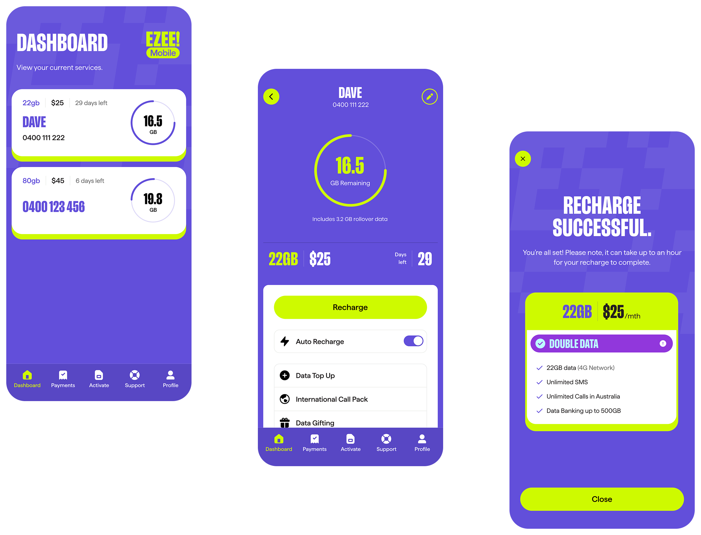 Screenshots of the EZEE Mobile app showing showing account and service management.