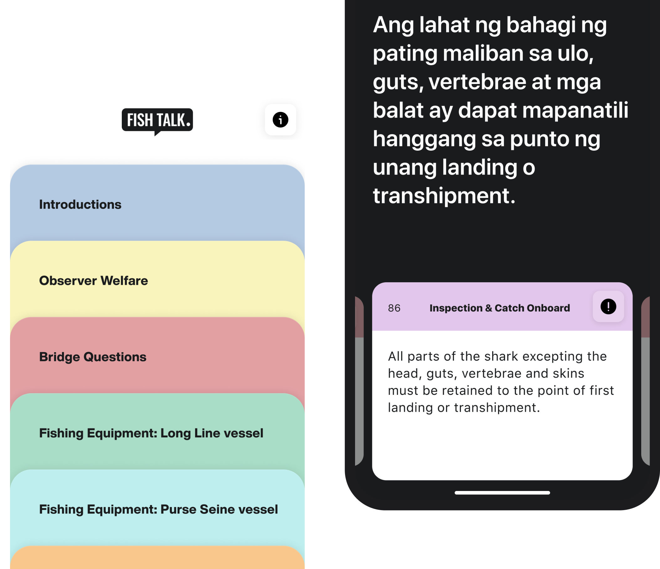 Screenshots of the Fish Talk app showing translation categories
