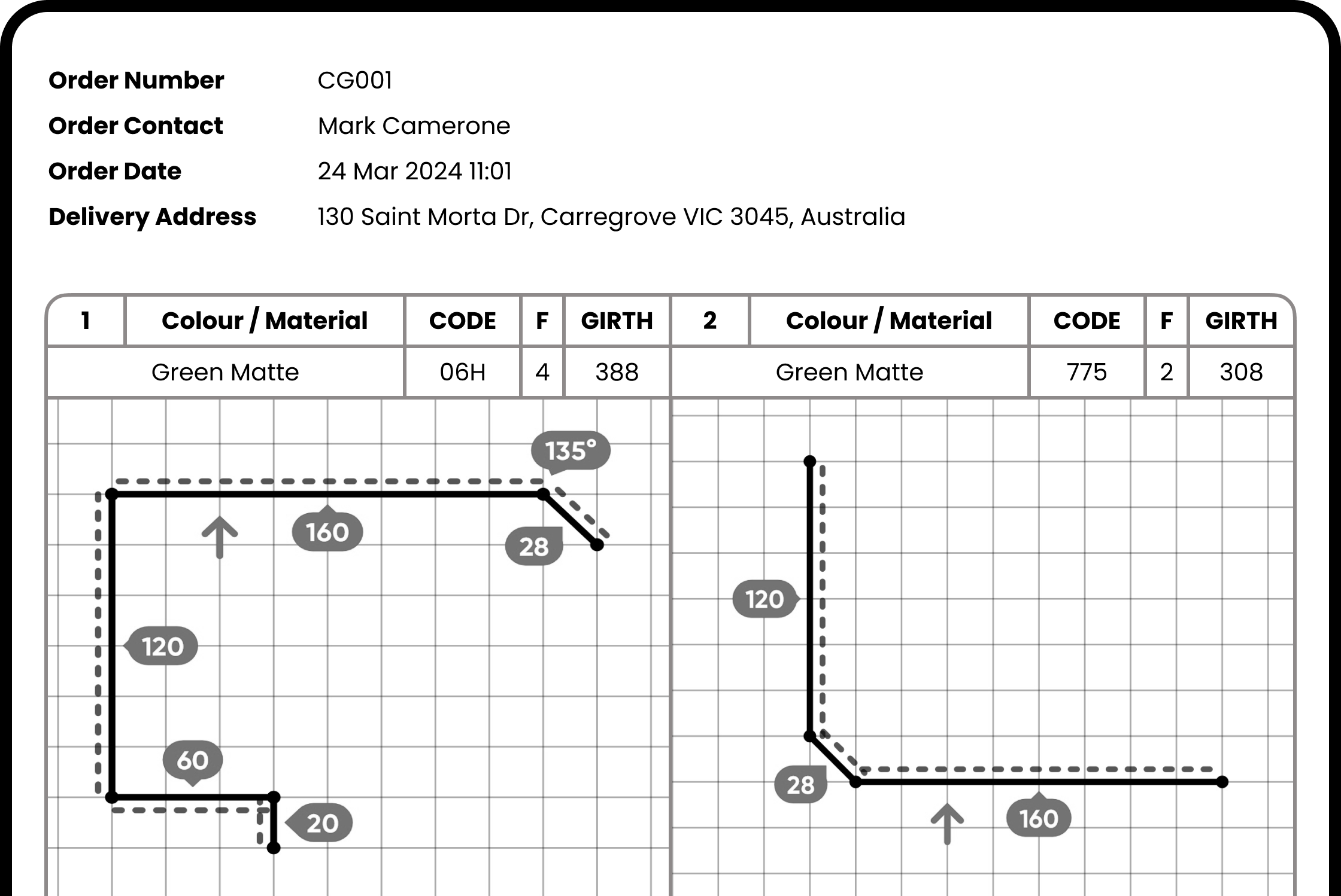 Screenshot of a PDF order generated with the Flash It app