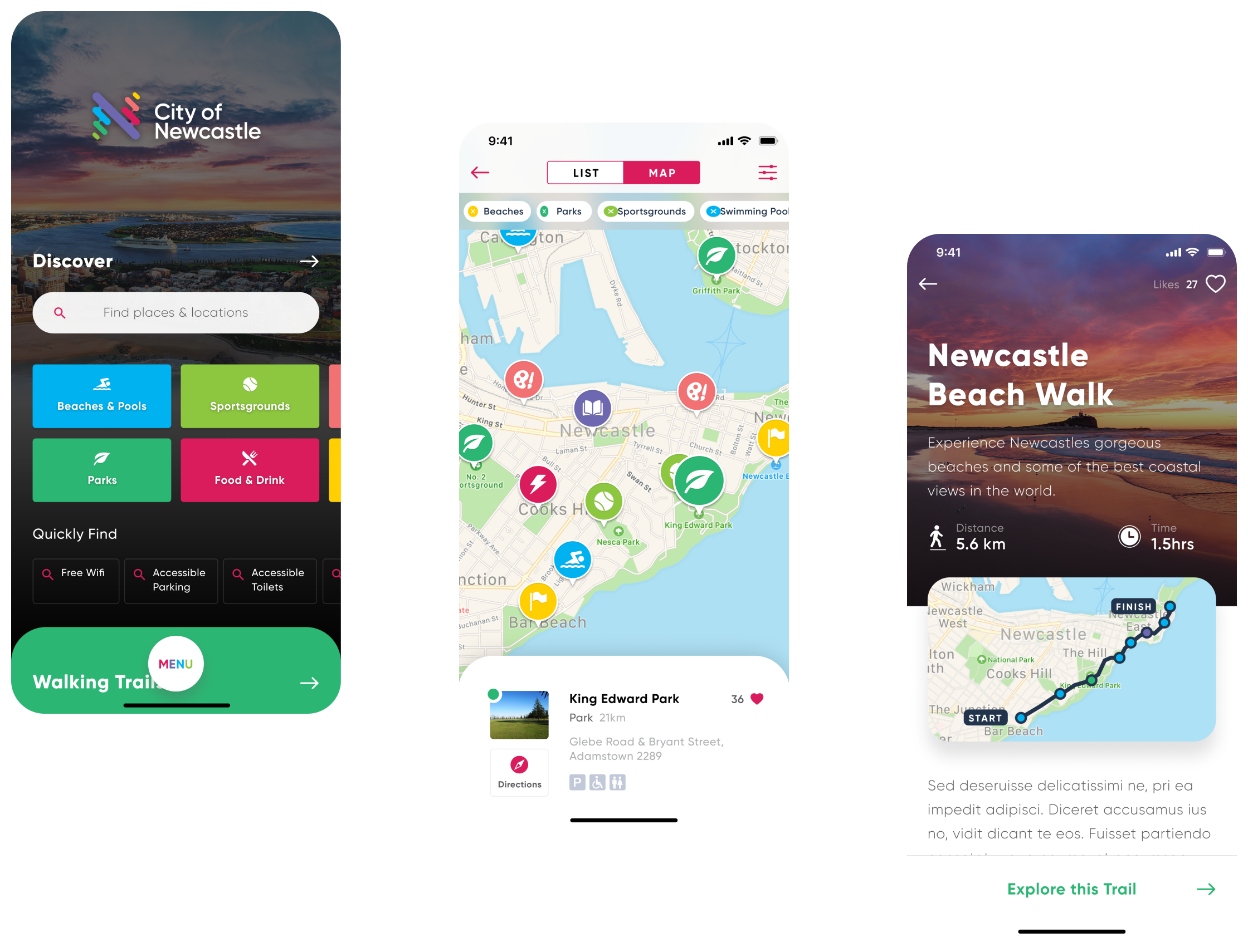 Screenshots of the Newcastle City app showing the landing page, places map and trail overview.