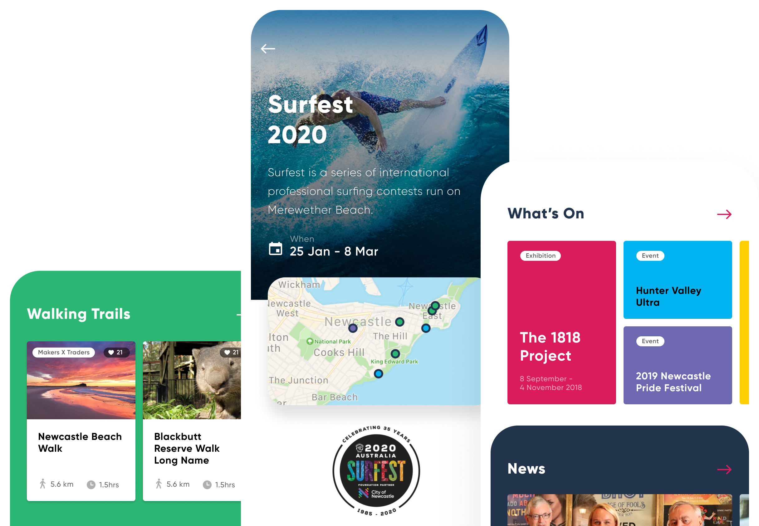 Screenshots of the Newcastle City app showing a major event, walking trails and event listing.