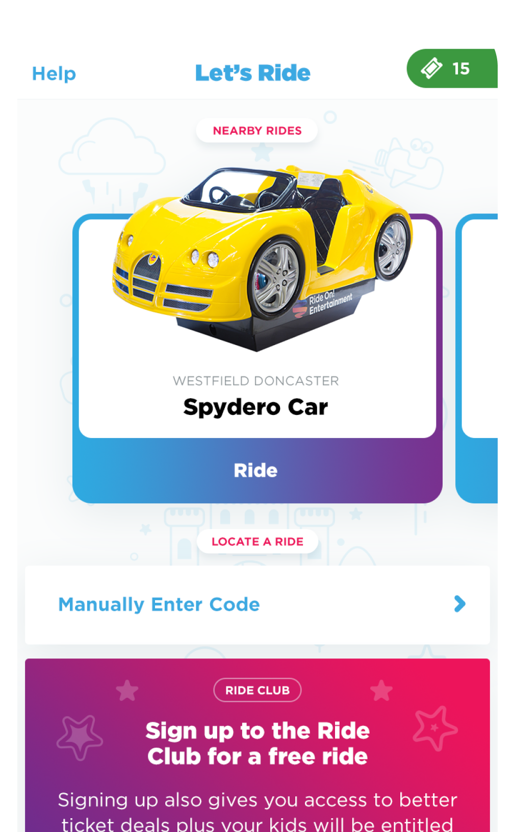 Screenshot of the Ride On app showing a nearby ride to be started.