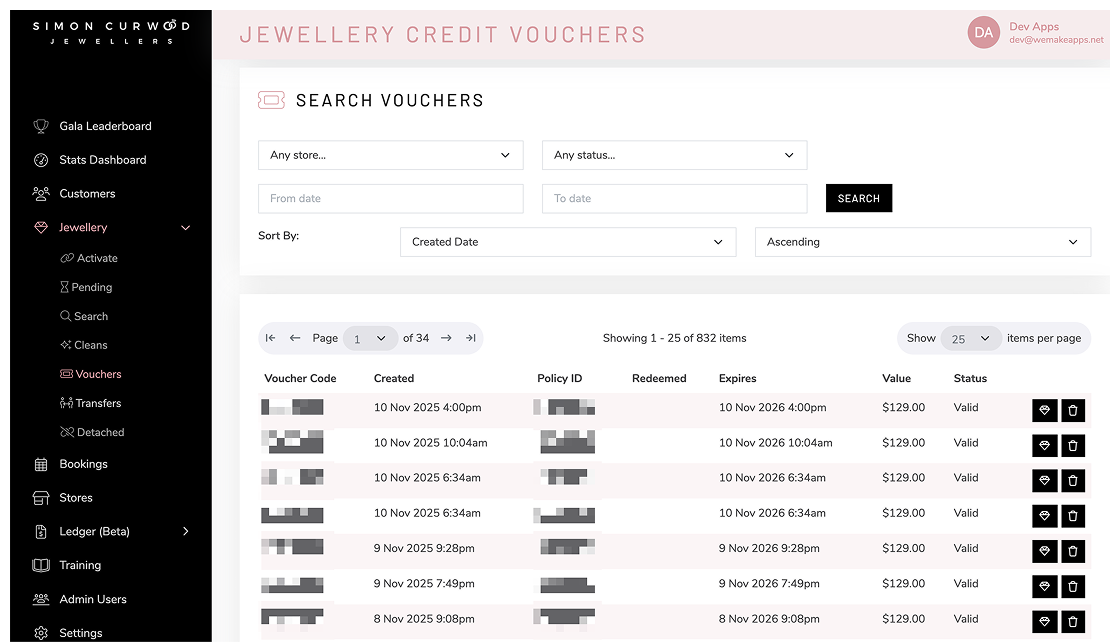 Screenshot of the Simon Curwood Jewellers admin console.