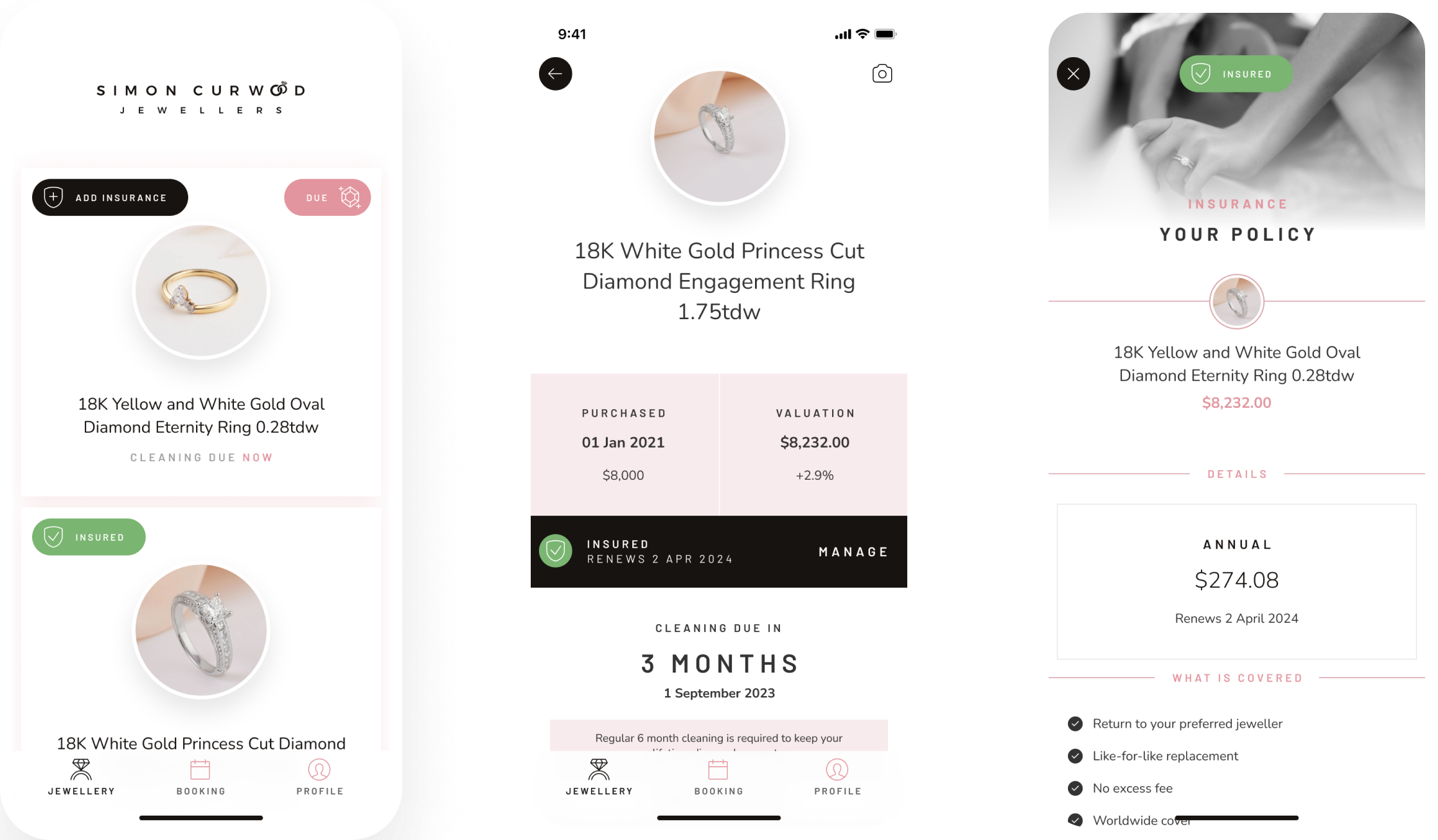 Screenshots of the Simon Curwood Jewellers app